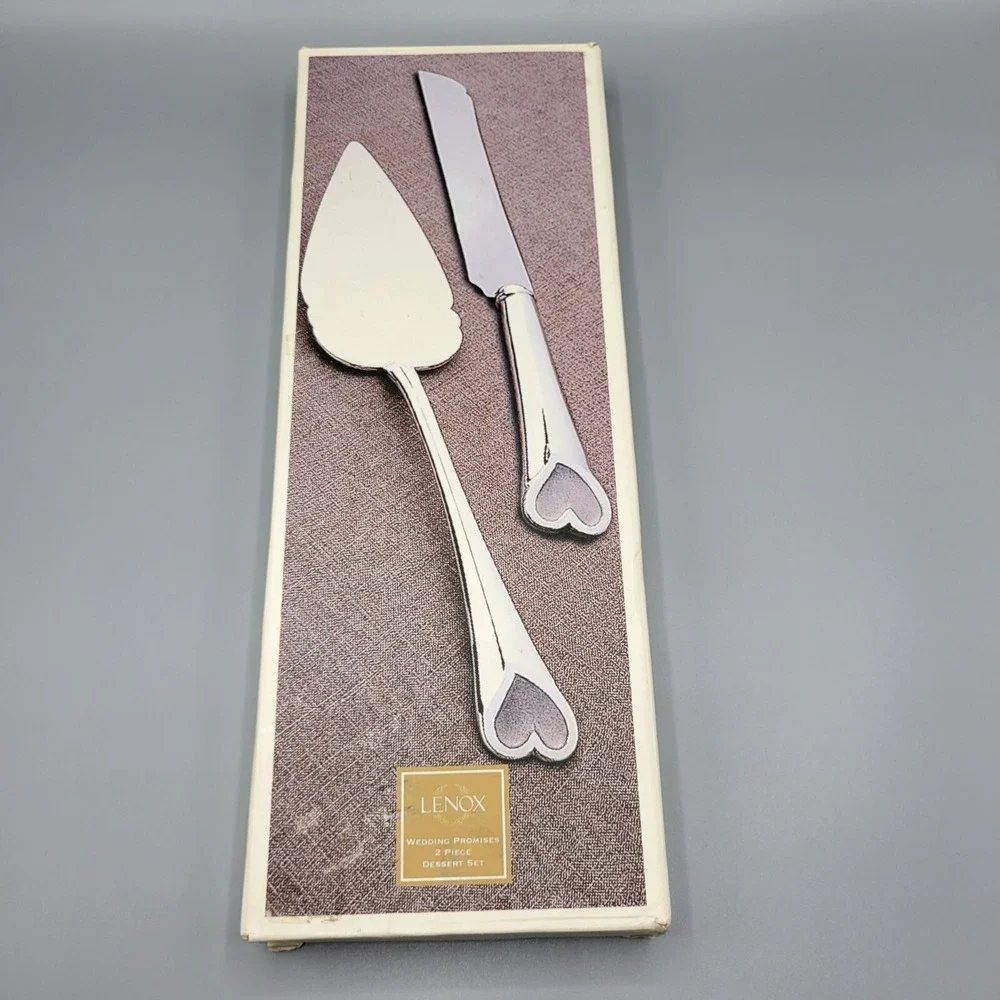 Lenox Wedding Promises 2 Piece Dessert Set Knife Server Silver Handles w/ Hearts